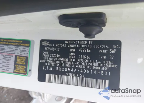 2013 Kia Optima Lx z USA, uszkodzony, nr VIN 5XXGM4A74DG149831